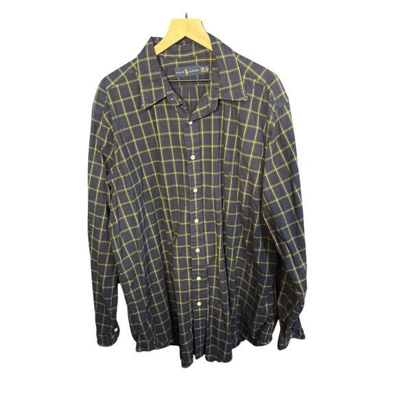 Ralph Lauren Mens Navy & Yellow Plaid Button-Down Shirt 2XLT Cotton Long Sleeve - Picture 1 of 4